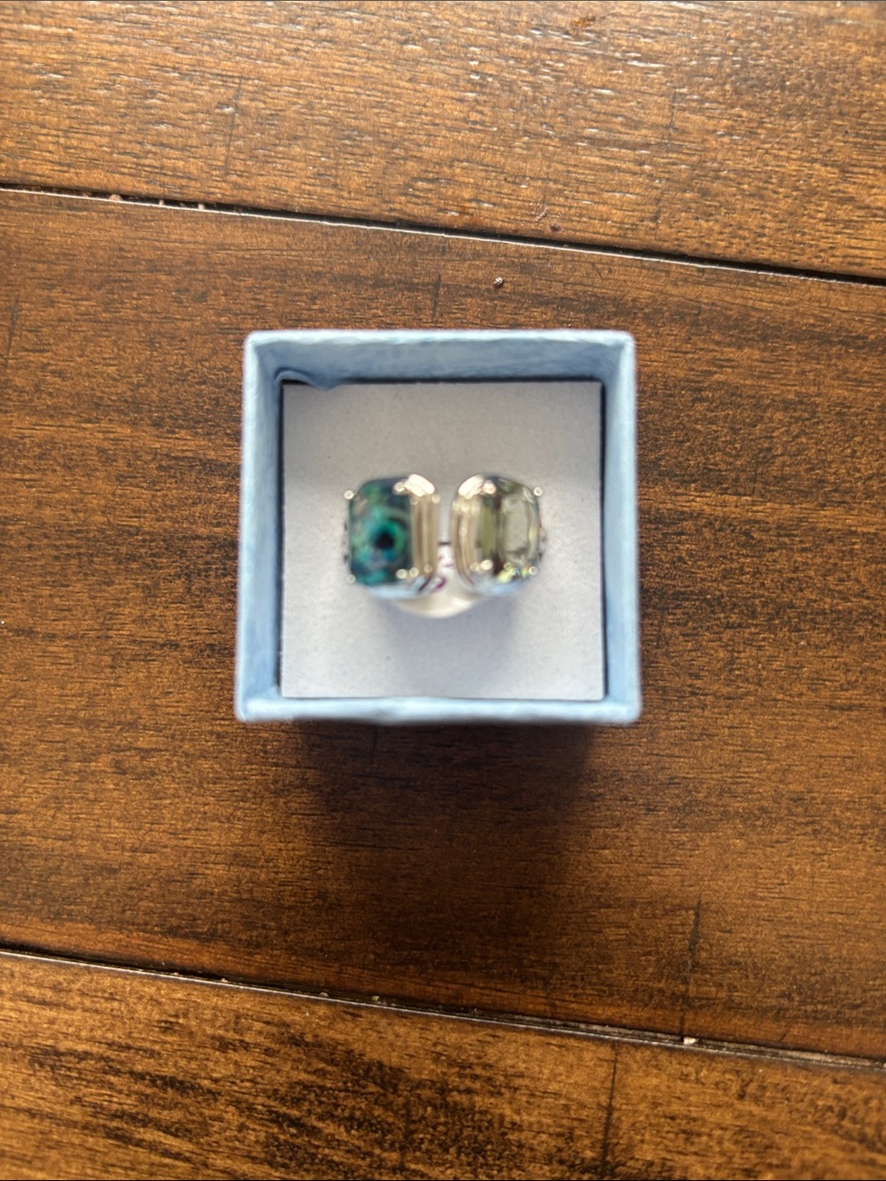 Bomb Party The Drawing Room Silver Open Band Ring Size 9 with Green Stones
